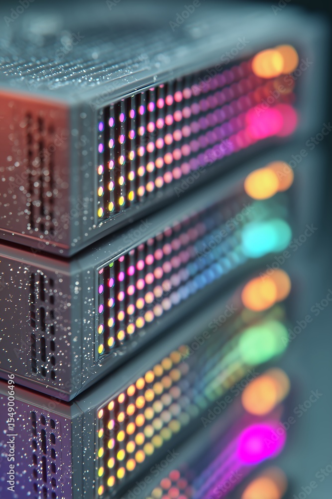 Fototapete dynamic visual of stacked server hardware featuring blurred colorful indicator lights depicting data