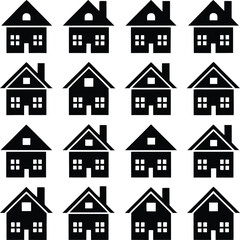 Fototapeta premium Monochrome Pattern of Stylized House Icons with Various Roof Styles and Window Arrangements Arranged in a Grid Pattern on a White Background Minimalist Design
