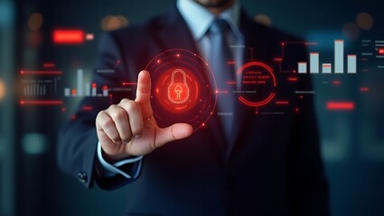 Businessman presenting virtual cybersecurity dashboard, glowing red alerts.