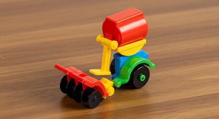 Fototapeta premium Colorful toy tractor gleams under soft light playfully pulling a red plow across warm wood. AI Generated
