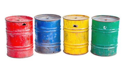 Collection of Colorful, Rusty Metal Barrels in Red, Blue, Yellow, and Green Isolated on Transparent Background
