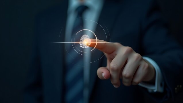 Biometric authentication with hand reaching toward holographic fingerprint scanner.