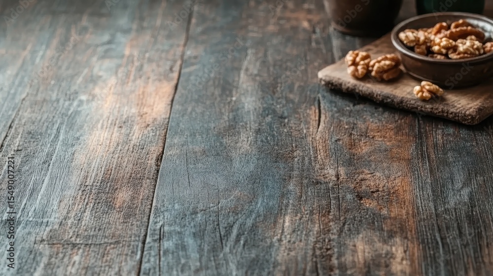 Poster an artistic display of a rustic wooden surface features a bowl filled with walnuts. the warm tones a