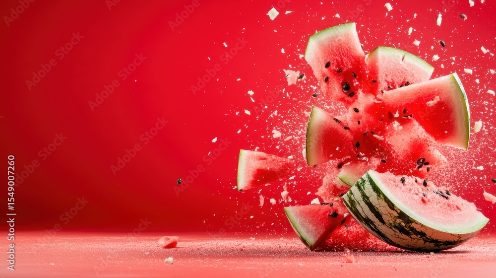 Poster a vibrant watermelon is dramatically exploding into pieces against a striking red background, showca