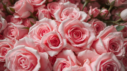 Naklejka premium Lush Pink Roses Macro Close-Up. Elegant Floral Bouquet Photography. Generative AI