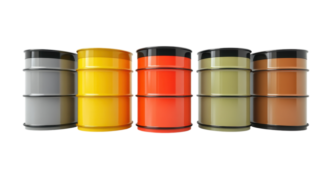Collection of Colorful Industrial Barrels Stacked Together with a Transparent Background