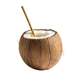 Fresh Coconut with Straw, Isolated on White Background