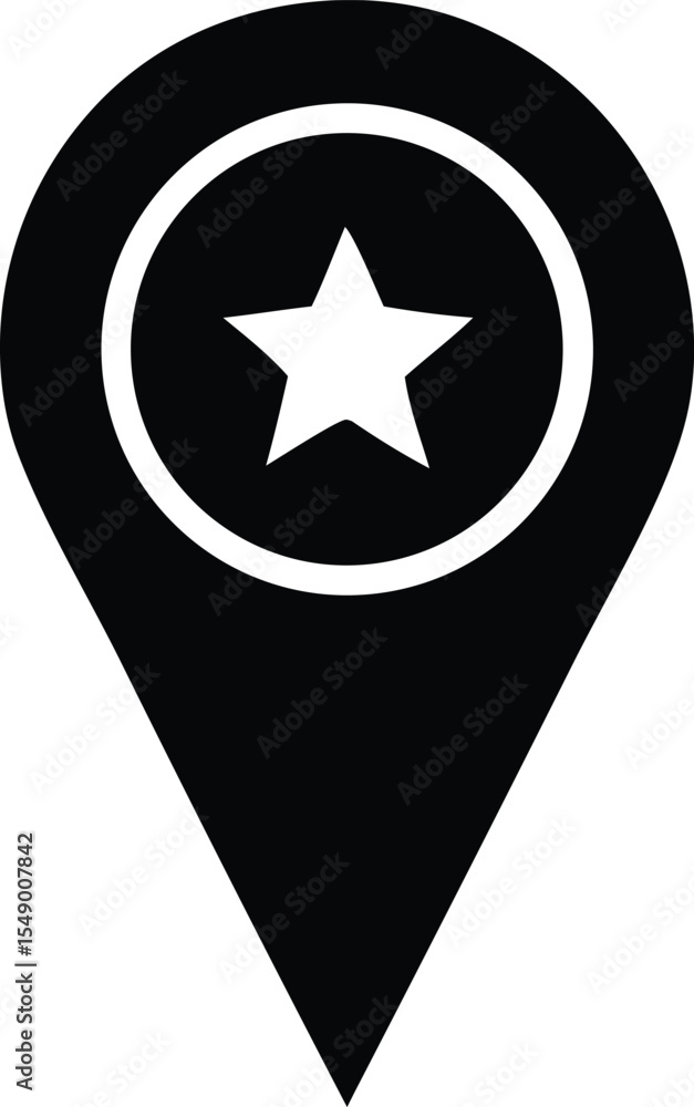 Poster black location pin icon with white star inside a circle representing a favorite or important place o