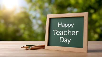 a green chalkboard that reads 'Happy Teacher Day' stands prominently with a scenic natural backdrop. Pencils are elegantly placed near the chalkboard