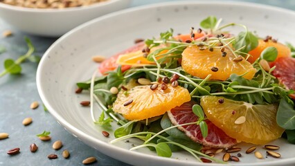 artisanal summer salad arrangement concept Fresh citrus salad with microgreens and seeds in a stylish bowl, showcasing vibrant colors and textures.