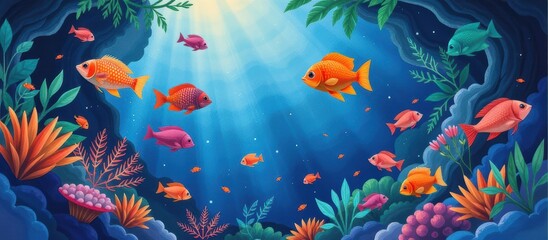 Fototapeta premium Rehabilitation carbon credit concept. Vibrant underwater scene with colorful fish and lush marine life.