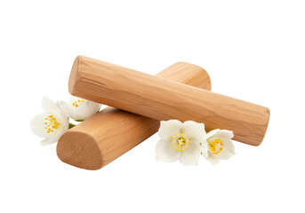 Isolated Sandalwood Logs with Jasmine Flowers for Aromatherapy