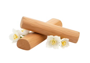Isolated Sandalwood Logs with Jasmine Flowers for Aromatherapy