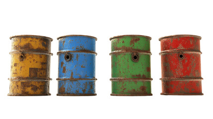 Collection of Rusty Metal Barrels in Yellow Blue Green and Red on a Transparent Background
