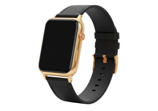 Isolated Gold Smartwatch with Black Leather Strap