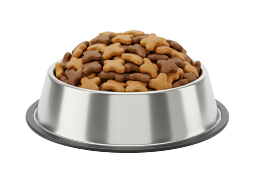 Isolated Stainless Steel Dog Bowl Filled with Dry Food Pellets