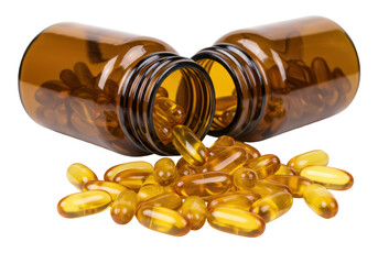 Isolated Golden Omega 3 Capsules Spilling from Bottles