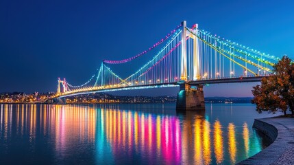 Obraz premium A stunning nighttime view of a city bridge adorned with vibrant, colorful lights illuminating its structure against a deep, dark sky. The composition captures the reflection of the lights in the
