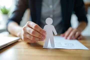 Protective Hand: A person carefully shielding a small paper cut-out figure on a wooden desk