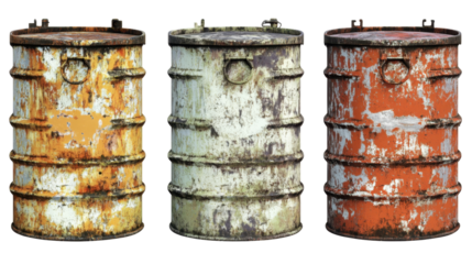 Collection of Three Vintage Rusty Metal Barrels with Weathered Surfaces on Transparent Background