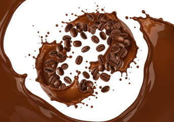 Isolated Coffee Beans Splash with Chocolate Liquid Swirl