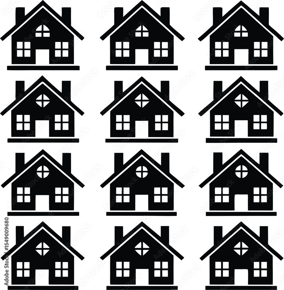 Poster pattern of black and white house icons with chimneys and windows featuring two distinct house styles