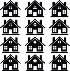 Pattern of Black and White House Icons with Chimneys and Windows Featuring Two Distinct House Styles in a Grid Arrangement on a White Background