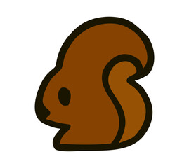 Cartoon Squirrel Logo with Curved Tail and Bold Outline Style, A simple vector illustration of a brown squirrel with a curled tail and clean black outline. Ideal for forest-themed branding, kids’.