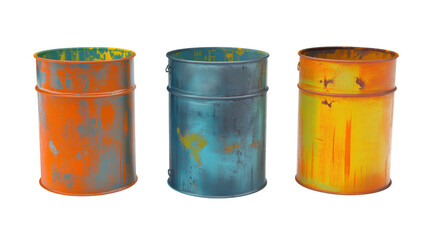 Set of Three Vintage Rusty Metal Barrels in Orange Blue and Yellow with Weathered Textures