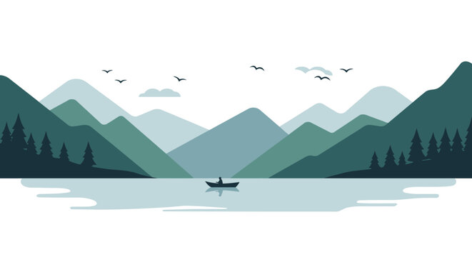 Tranquil Sunset Canoeing on Mountain Lake isolated on white background.  - Powered by Adobe