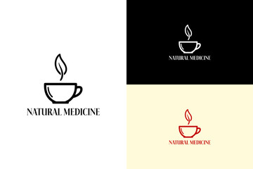 teacup with leaf shape herbal steam illustration, icon, vector logo for wellness, health, botanical, alternate medicine, plant based, eco wellness, green, remedy, natural medicine shop, and more