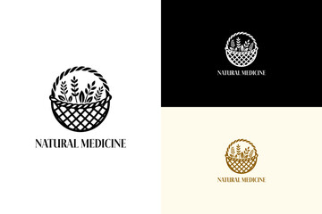illustration of handwoven basket filled with herbs, icon, vector logo for herbal pharmacy, alternate medicine, botanical, fitness, plant based, health, wellness, natural medicine shop, and more