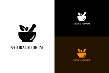 illustration of mortar and pestle with two leaves, icon, vector logo for herbal remedy, wellness, fitness, alternate medicine, plant based, pharmacy, botanical, natural medicine shop, and more