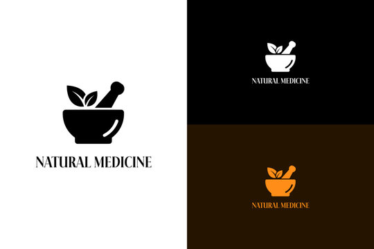 illustration of mortar and pestle with two leaves, icon, vector logo for herbal remedy, wellness, fitness, alternate medicine, plant based, pharmacy, botanical, natural medicine shop, and more