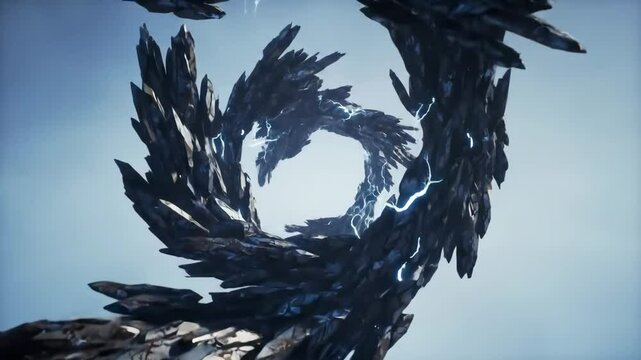 Floating metallic ring with plasma arcs, linear glide motion reveals depth