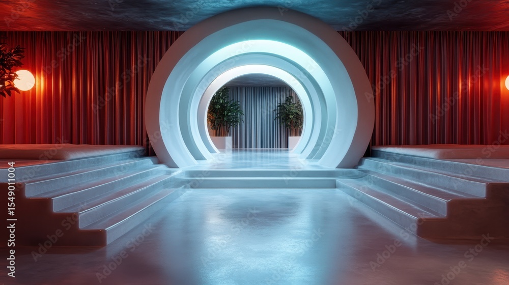 Poster an immersive contemporary space featuring a series of circular archways that capture light, compleme