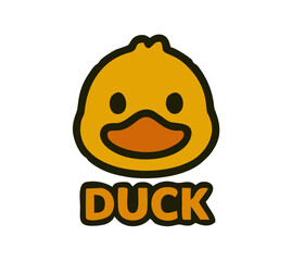 Cartoon Duck Head Logo with Bold Outline and Orange Beak, A simple yellow duck head with a bright orange beak and bold black outline, paired with bold DUCK text below. Perfect for kids’ branding, play