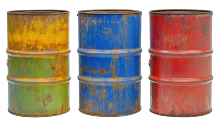 Three Rusty Industrial Barrels in Green Yellow Blue and Red with Weathered Textures on Transparent Background