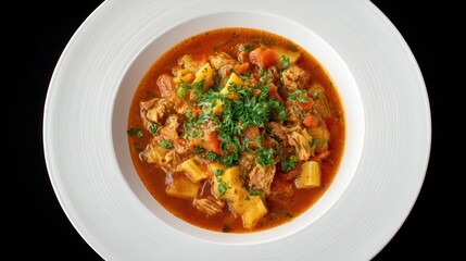Delectable bowl of savory meat and vegetable soup, garnished with fresh herbs