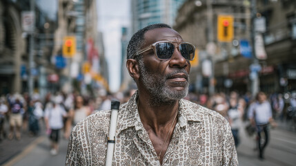  lifestyle photo of a blind man using a white cane while confidently walking down a busy city sidewalk