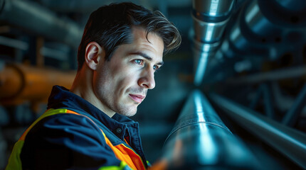 Professional industrial worker man in safety uniform working at modern manufacturing plant facility with metal equipment and machinery background