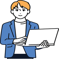 Smiling Young Male Professional Working on Laptop, Standing with Confidence, Engaging in Remote Work or Online Learning, Ideal for Business, Technology, and Digital Lifestyle Concepts.