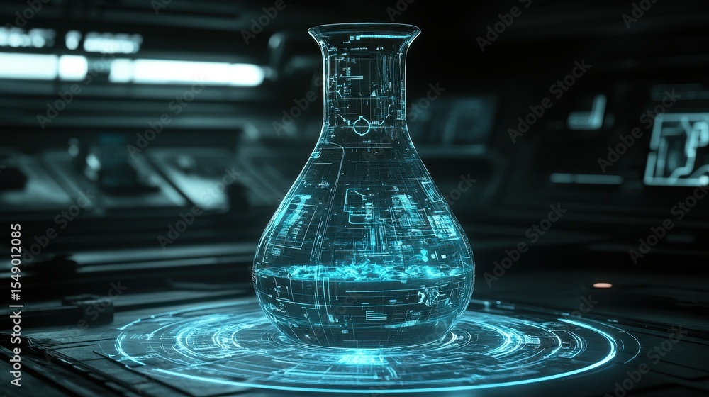 Poster futuristic flask with holographic data overlay.
