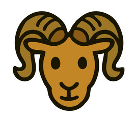 Cartoon Ram Head Logo with Curved Horns and Bold Lines, A stylized cartoon ram head with wide curved horns and clean vector lines. Ideal for sports branding, mascots, or outdoor merchandise.