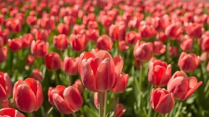 Obraz premium Pink Tulip Field Macro. Stunning Spring Floral Close-Up. Generative AI.