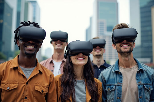 A diverse group of friends immersing themselves in virtual reality in a futuristic cityscape.