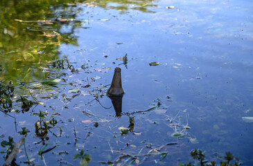 Glass bottle thrown into the river. Bottle floating in the water. River pollution with garbage.