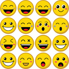A Collection of Sixteen Yellow Emoji Faces Displaying a Variety of Emotions Including Happiness Surprise Playfulness and Amusement Arranged in a Four by Four Grid
