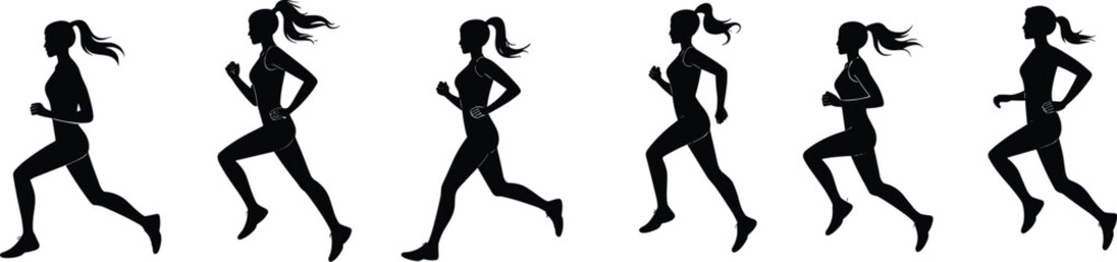 Obraz premium Dynamic Silhouette Series: Woman Running in Motion, Fitness Iconography, Active Lifestyle Illustration