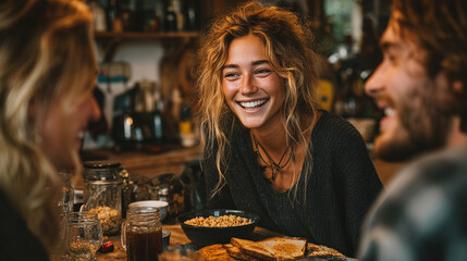 diverse Friends Having Breakfast in a Shared Apartment Kitchen